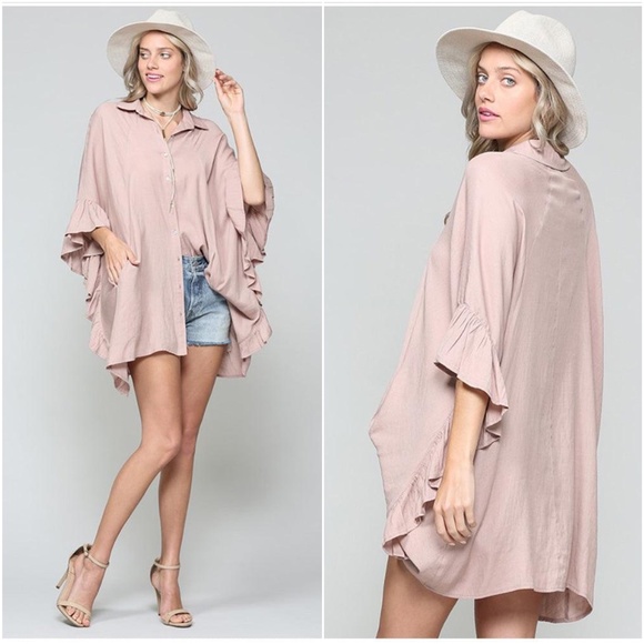 034 solid Oversized Button up Pocket Ruffle Sleeve Blouse - Picture 7 of 7